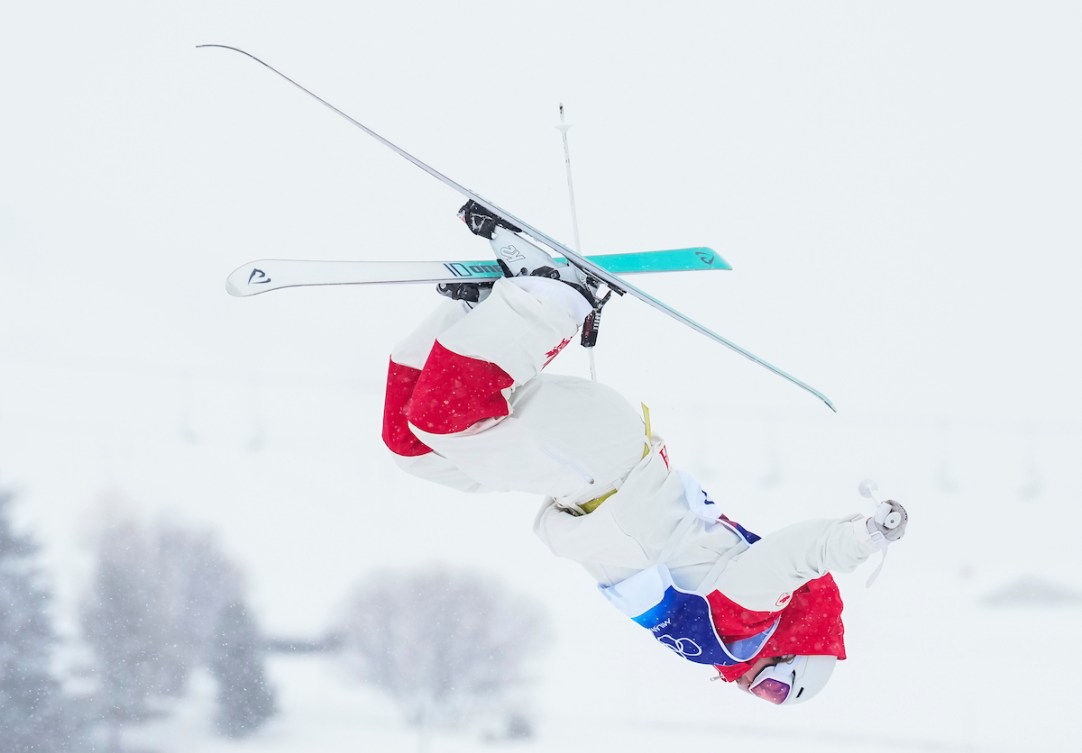 Jessica Linton does a flip in the dual moguls event