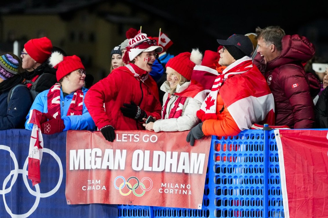 Family of Team Canada’s Megan Oldham reacts as she competes in Big Air