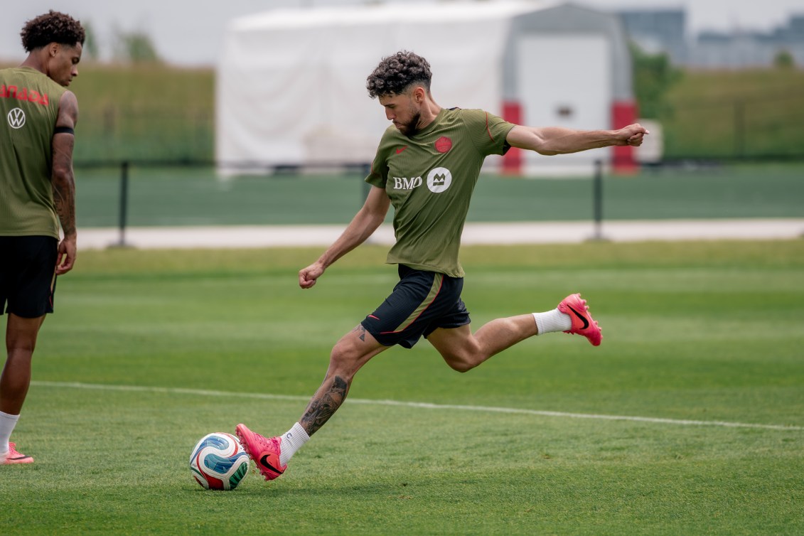 Canada's Jonathan Osorio prepares to take a shot in a training session on June 9, 2026.