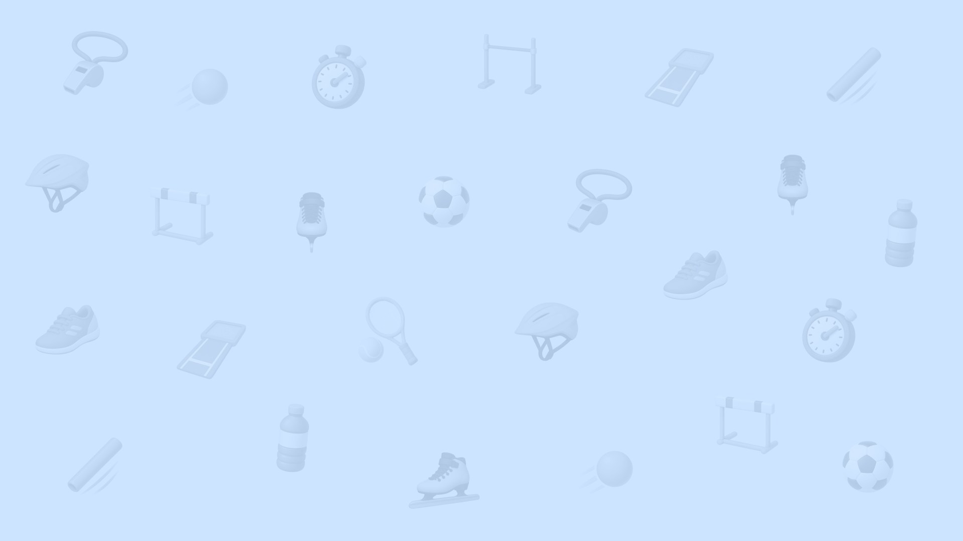 light blue solid colour with various sport icons all over it in a grid, including hurdle, soccer ball, whistle, running shoe, skate, water bottle, clock, helmet and tennis racket