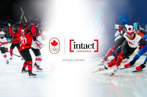 large COC and Intact insurance logos in the middle of the image with a team canada hockey player wearing a red jersey celebrating on the left side and a canadian speed skater on ice on the right side