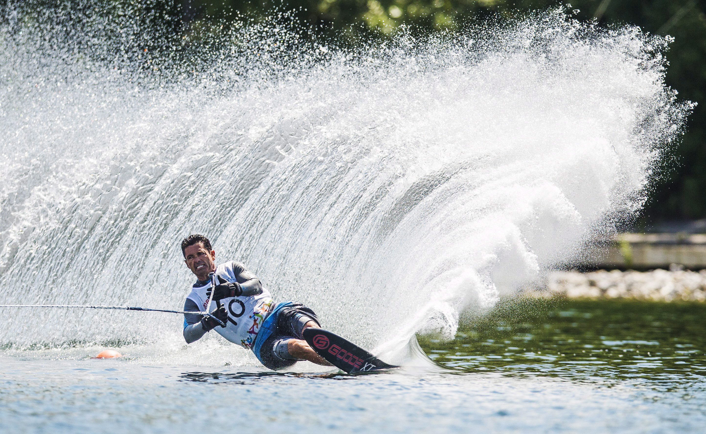 Jaret Llewellyn of Canada competes during the men's waterski slalom preliminary round at the Pan Am Games in Toronto, Monday July 20, 2015. THE CANADIAN PRESS/Mark Blinch