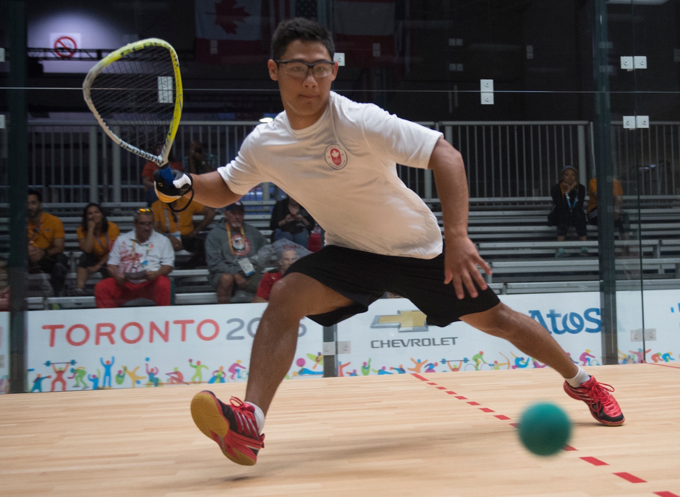 Coby Iwaasa in racquetball preliminary action at the Pan American Games in Toronto, July 20, 2015. COC Photo by Jason Ransom