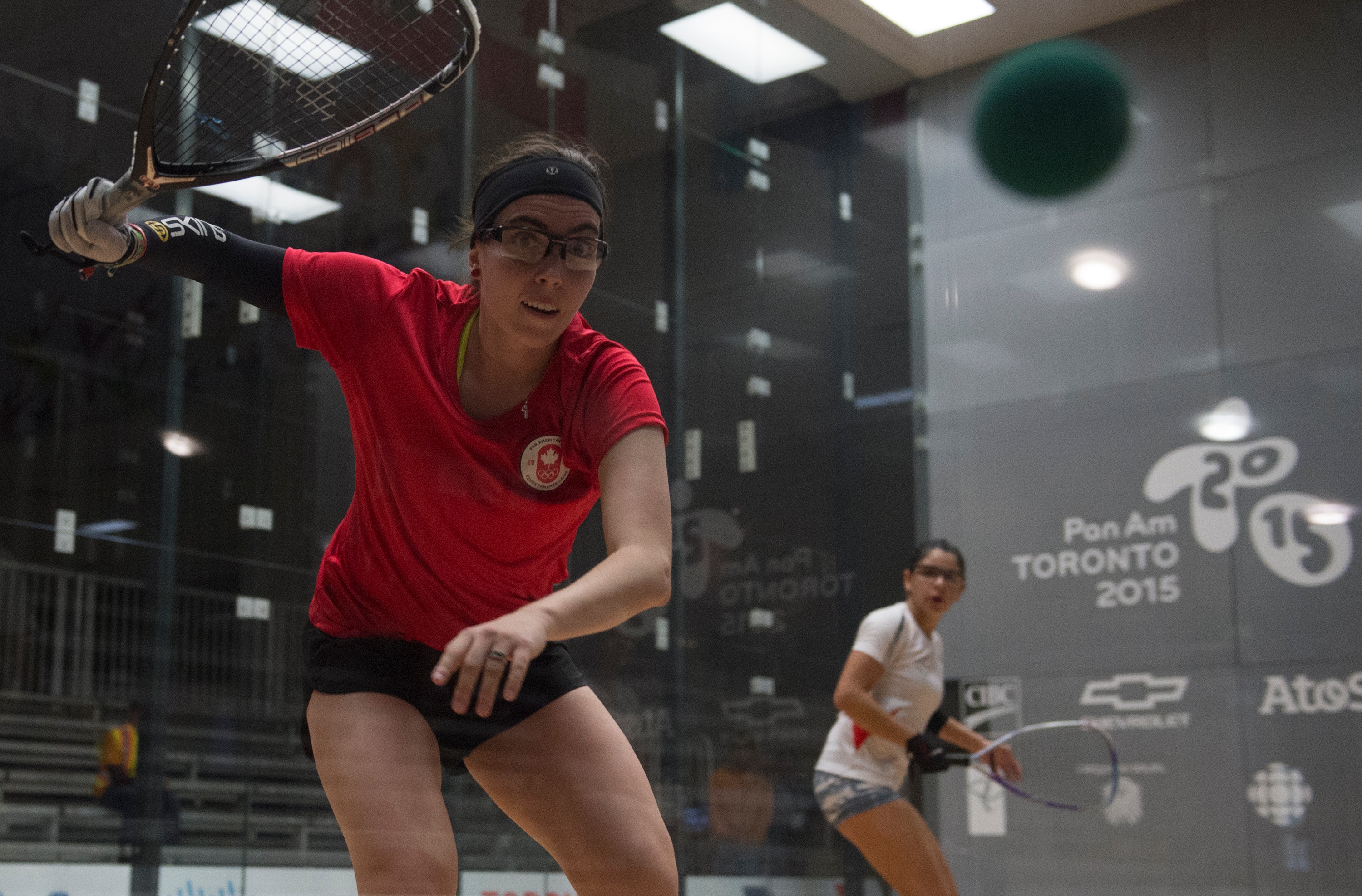 Frédérique Lambert in racquetball preliminary action at the Pan American Games in Toronto, July 20, 2015. COC Photo by Jason Ransom