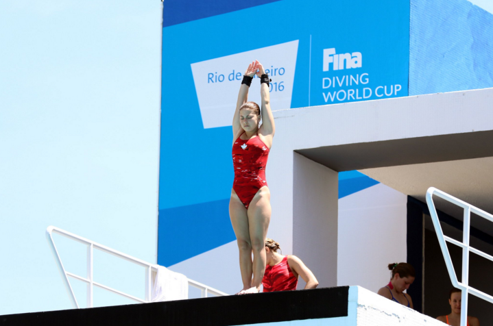 À peine deux mois après sa fracture, Roseline Filion est de retour sur ses pieds et participait à la Coupe du monde FINA à Rio. (Photo : Plongeon Canada)