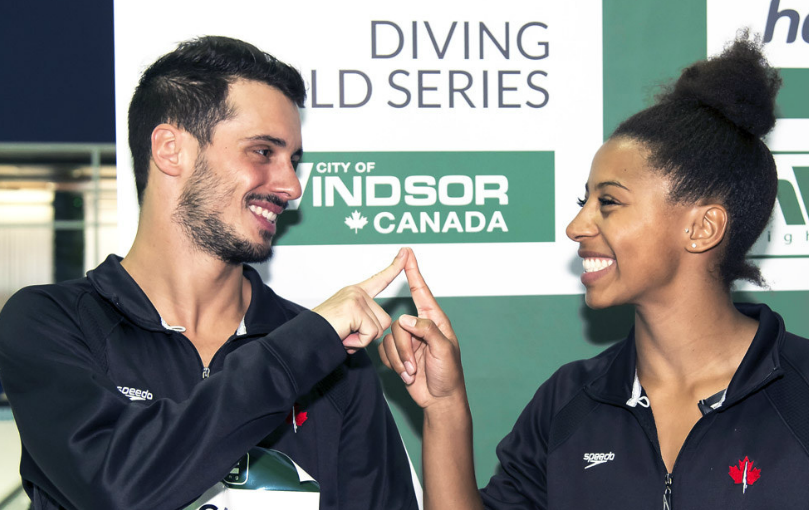 François Imbeau-Dulac et Jennifer Abel complices lors des Séries mondiales FINA de Windsor, le 17 avril 2016 (Photo : FINA)