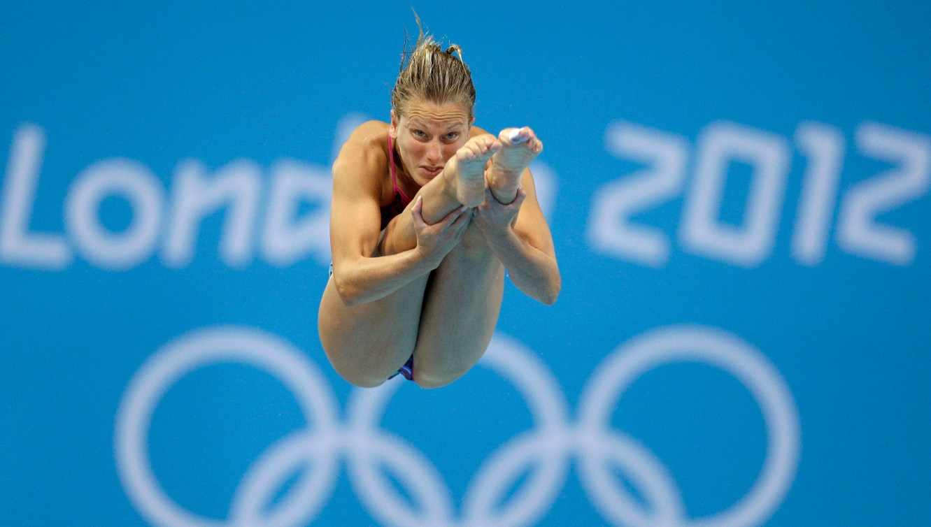 Emilie Heymans au tremplin de 3 mètres lors des Jeux olympiques de Londres, le 3 août 2012. (AP Photo/Michael Sohn)