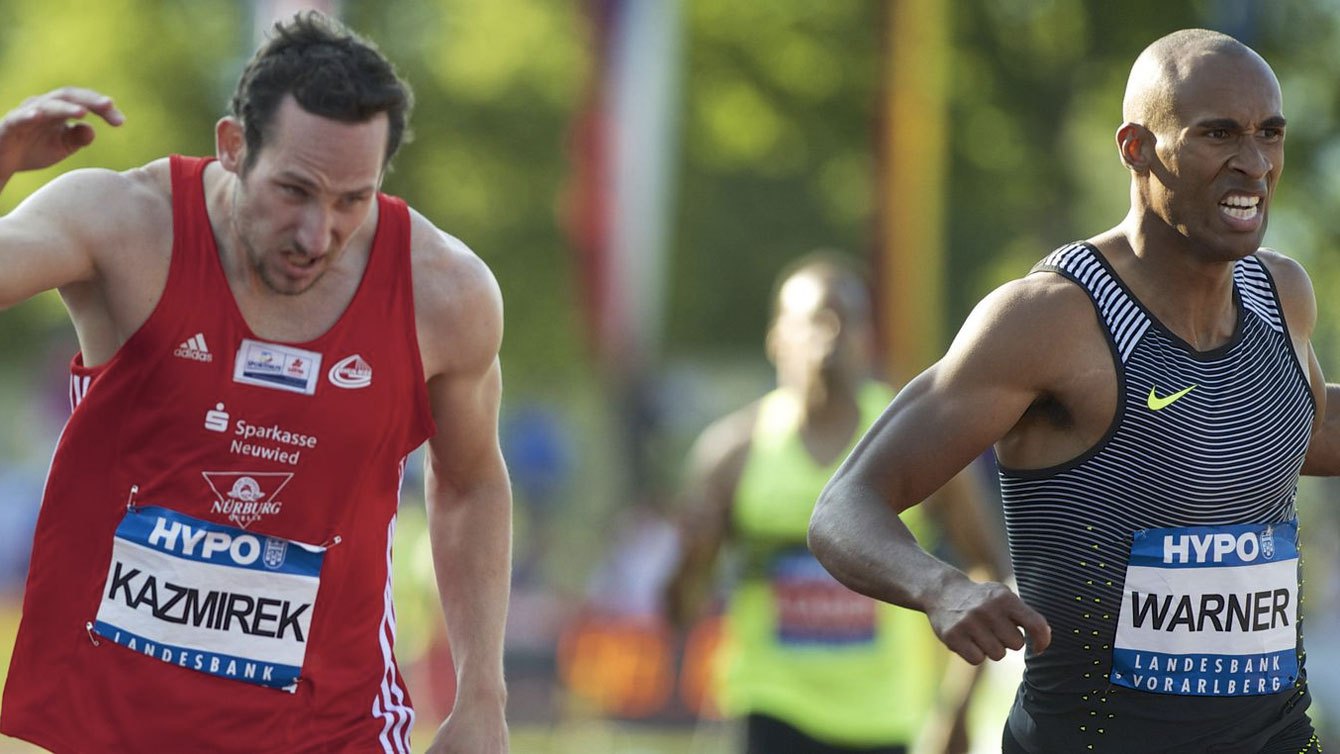 Kai Kazmirek de l’Allemagne et Damian Warner pendant le 400 m à l’Hypo-Meeting, le 29 mai 2016. (Photo : Günter Junk via meeting-goetzis.at)