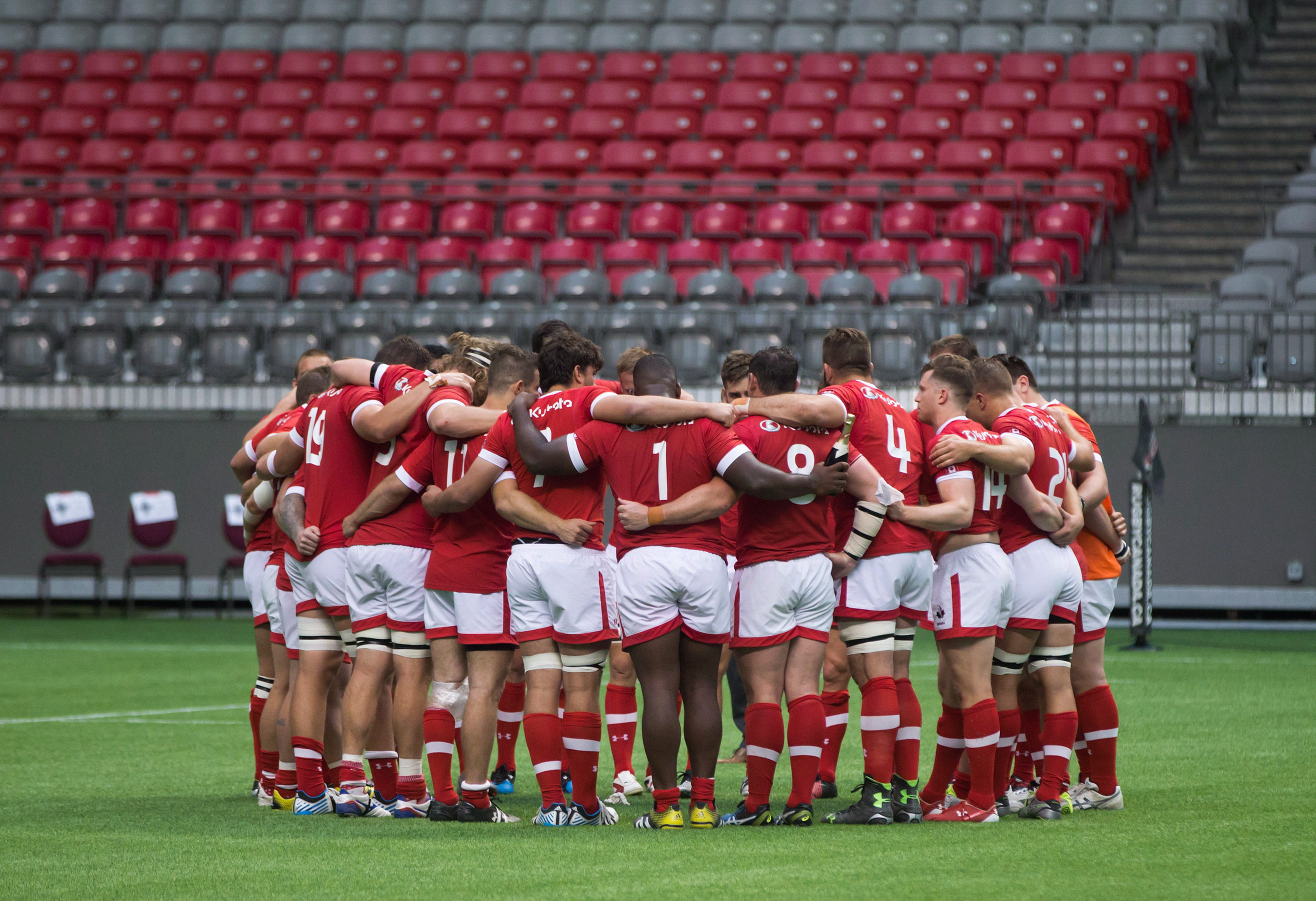 Canada players gather together after losing to Japan during a rugby test match in Vancouver, B.C., on Saturday June 11, 2016. THE CANADIAN PRESS/Darryl Dyck