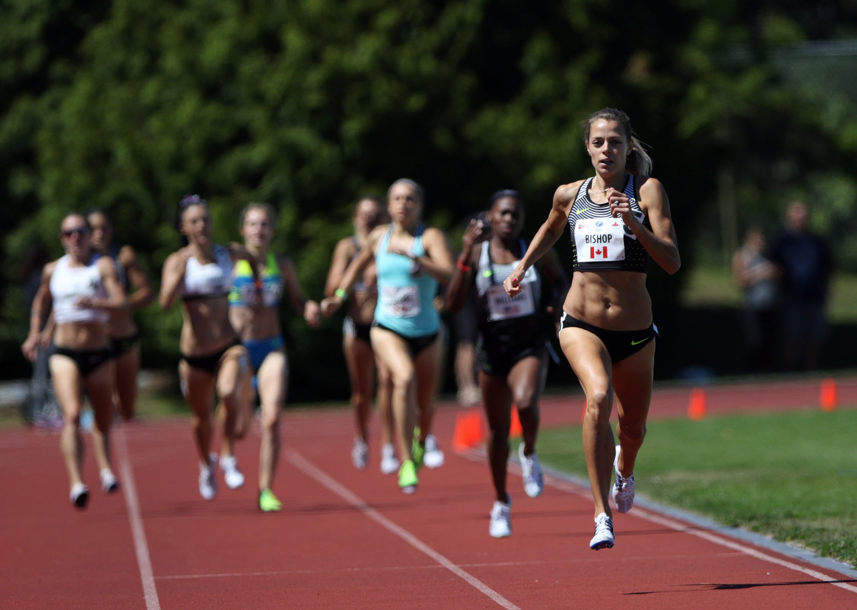Melissa Bishop wins the 800m with a time of 1:58:90 during the Victoria Track Classic at the University of Victoria in Victoria, B.C., Sunday, June 19, 2016. THE CANADIAN PRESS/Chad Hipolito