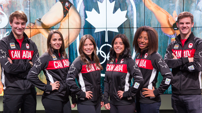 Les délégués canadiens pour les Jeux olympiques de Rio : Philippe Gagné, Pamela Ware, Roseline Filion, Meaghan Benfeito, Jennifer Abel, Vincent Riendeau.