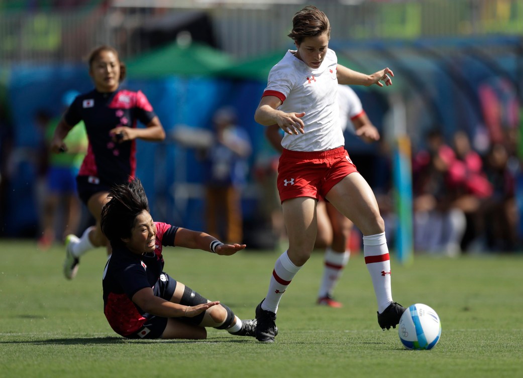 Ghislaine Landry a marqué le premier but du Canada au tournoi olympique de rugby féminin contre le japon, le 6 août 2016 à Rio.