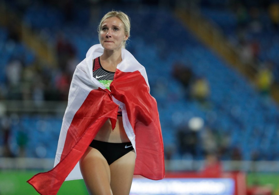 Brianne Theisen-Eaton émue après les épreuves de l'heptathlon aux Jeux olympiques de Rio, le 13 août 2016. (COC// Jason Ransom)