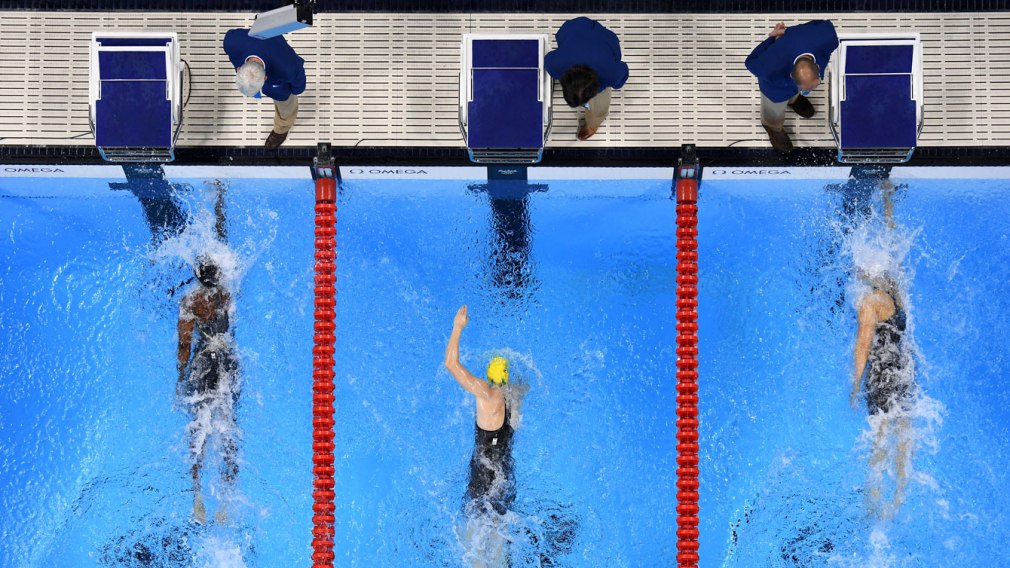 La finale du 100 m style libre aux Jeux olympiques de Rio (G-D) : Simone Manuel, Sarah Sjostrom et Penny Oleksiak, le 10 août 2016.