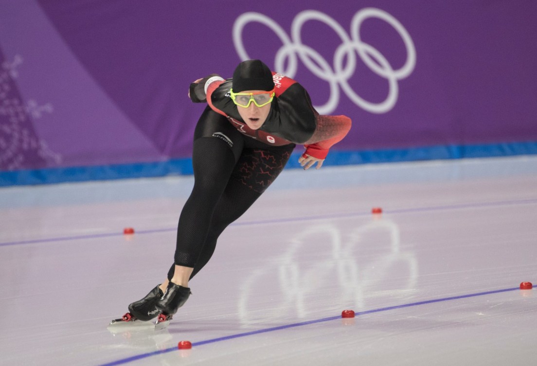 Ivanie Blondin patine à l'épreuve du 5 000 m en patinage de vitesse sur longue piste aux Jeux olympiques de PyeongChang, le 16 février 2018. COC/Jason Ransom