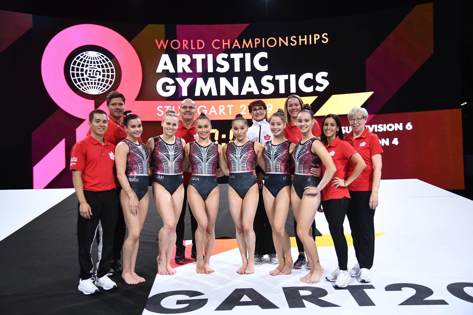 L'équipe féminine de gymnastique aux championnats du monde de Stuttgart, 2019.