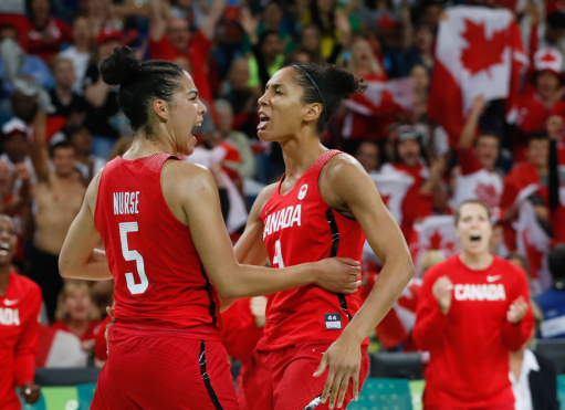 Kia Nurse et Miranda Ayim célébrant un point